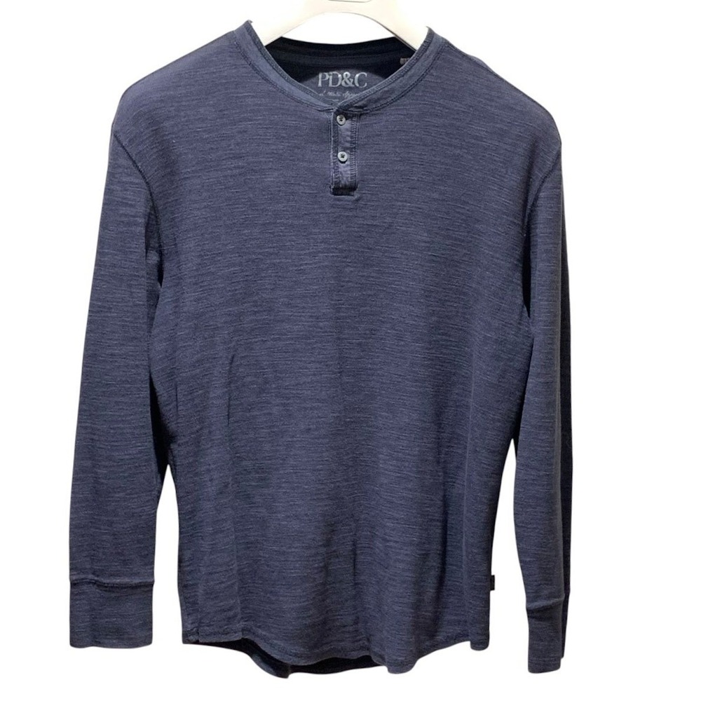 PD&C Henley Shirt Mens Medium Navy Blue Elbow Patch Long Sleeve Slub Casual Top